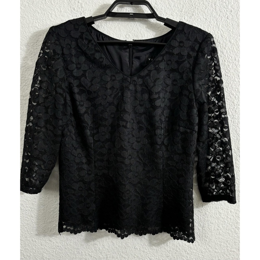 Virgo Blouse Womens Petite Medium Black Lace Floral V-Neck 3/4 Sleeve Y2K USA
